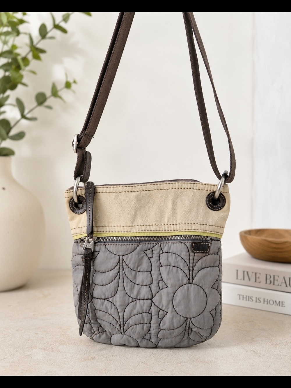 Fossil Key-Per Floral Quilted Crossbody Bag Canvas Leather Trim Beige Brown